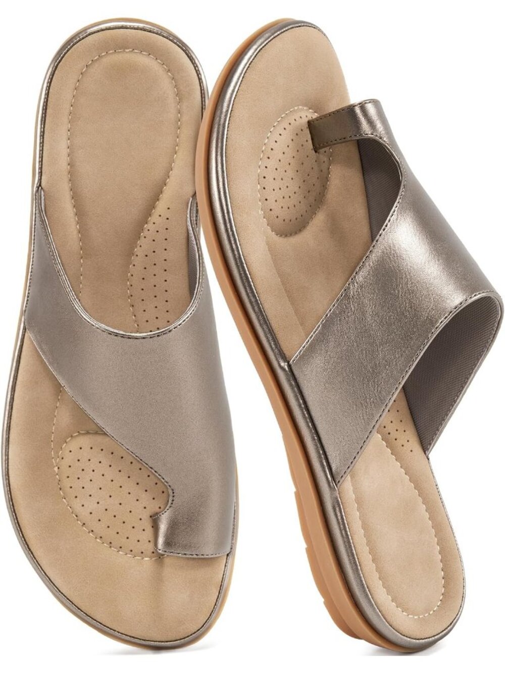 Women's Sliver Gray Leather Summer Flats Dressy Slides Orthopedic Casual Shoes